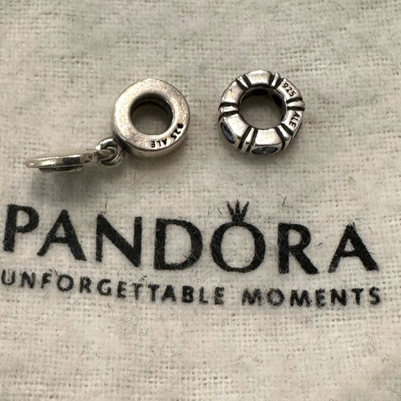 (2) Authentic Pandora Charm Spacers Blue CZ Stones Dangle Heart Sliver 925 ALE - Picture 5 of 7